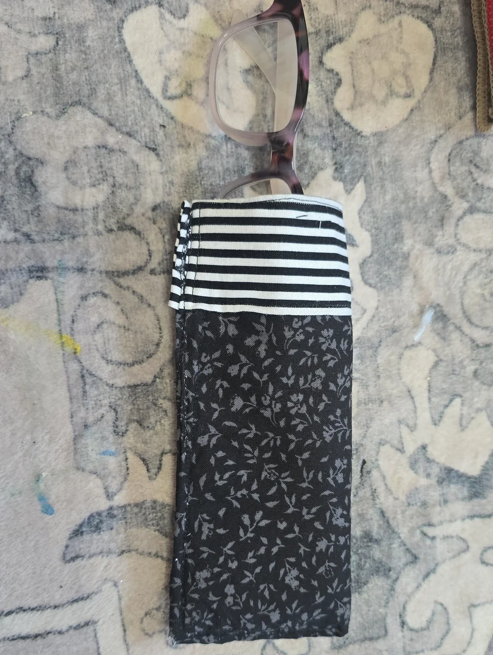 Black Patterned Glasses Pouch with Striped Trim, Hand Made